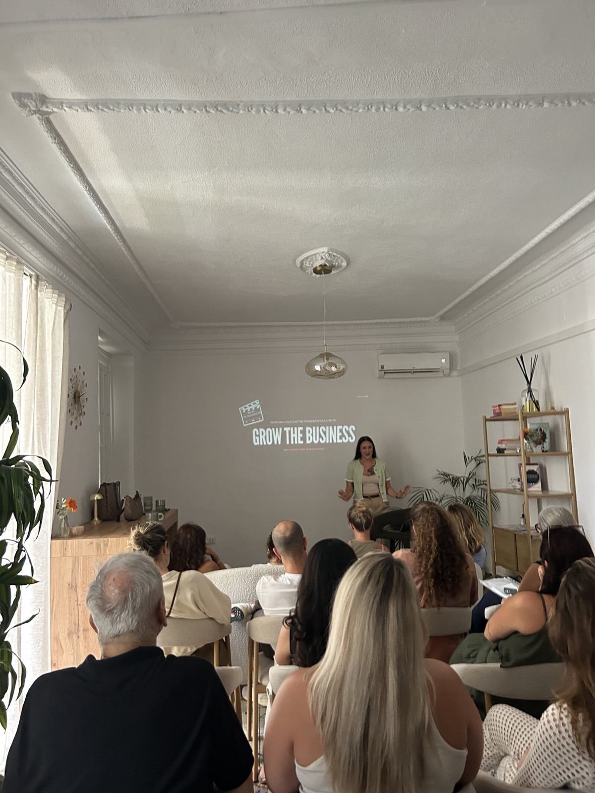 Elsi speaking to a room of business owners at a DeAura workshop